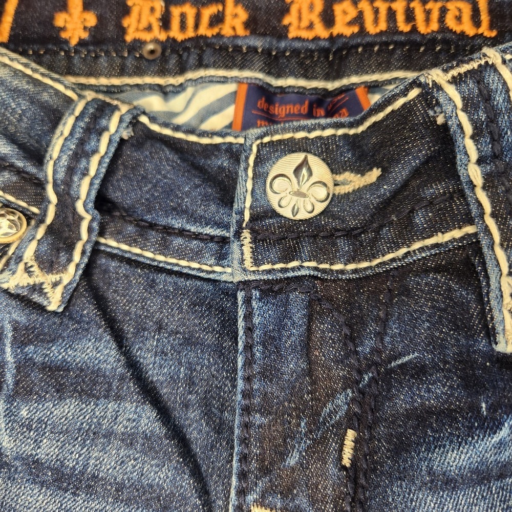 ROCK REVIVAL Noelle Capri Jeans Womens 25 Dark Blue Denim Embellished Rhinestone - Picture 3 of 15